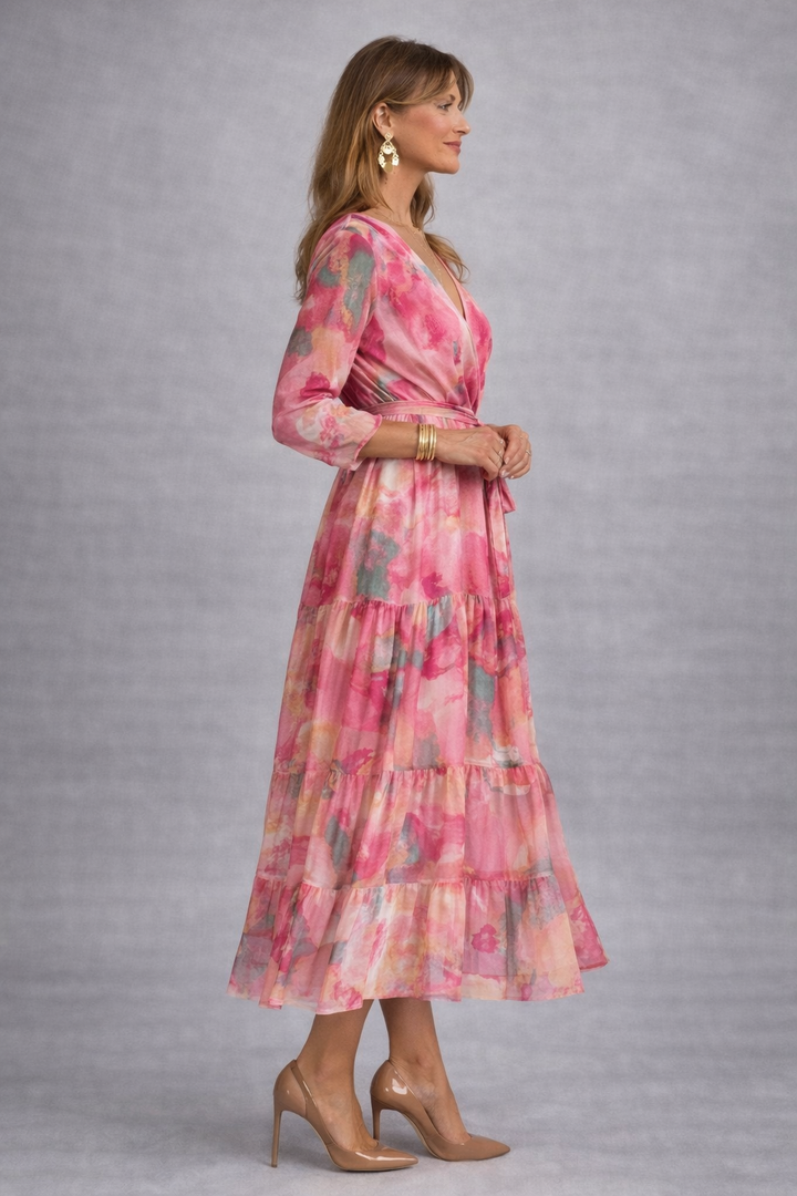 Sofia | Pink Watercolor Wrap Midi Dress