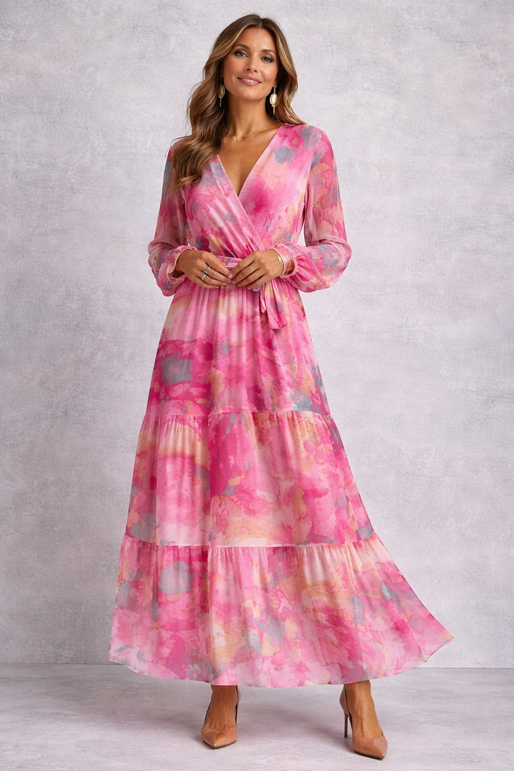Sofia | Pink Watercolor Wrap Midi Dress